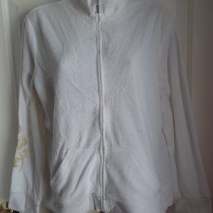 Talbots Jacket Top White L Terry Cloth Full Zip Front BOHO Embroidery Back Sleev